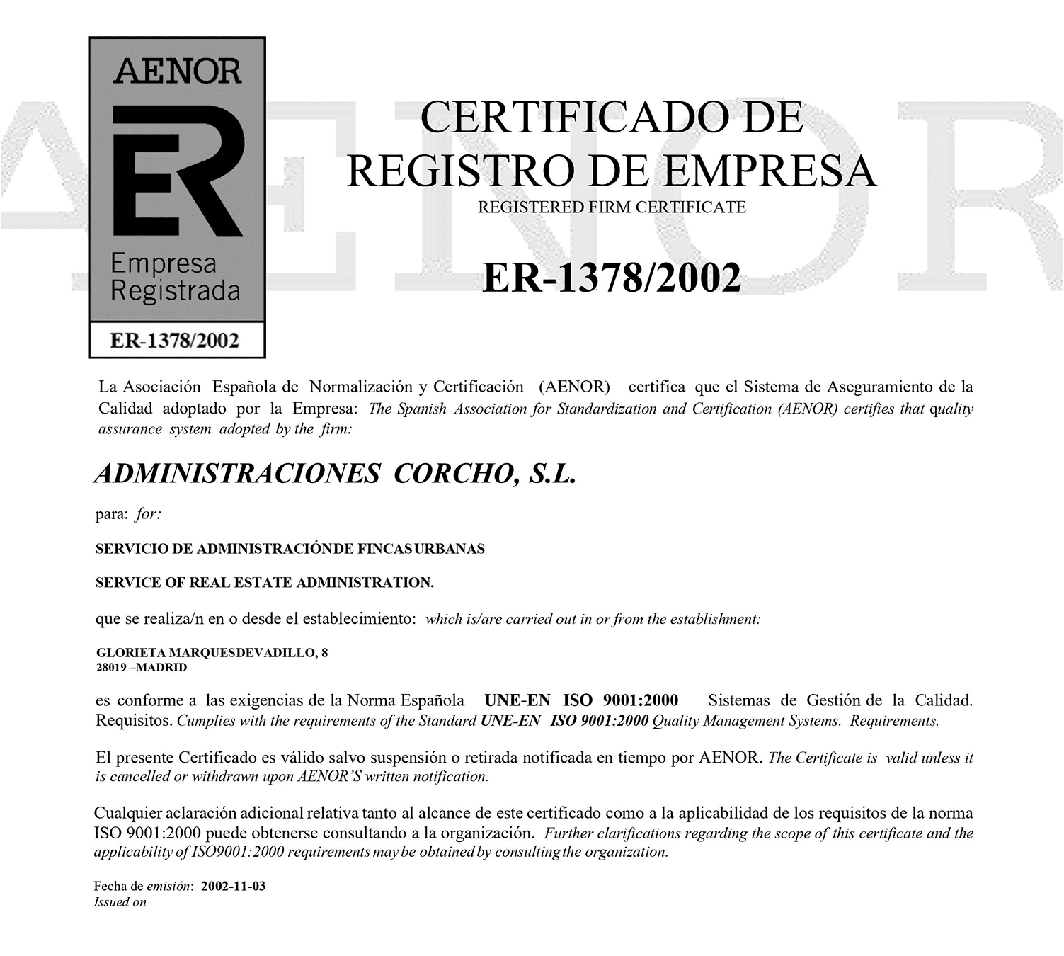 Certificado de calidad AENOR